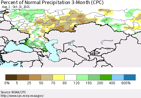 Russian Federation Percent of Normal Precipitation 3-Month (CPC) Thematic Map For 8/1/2021 - 10/31/2021