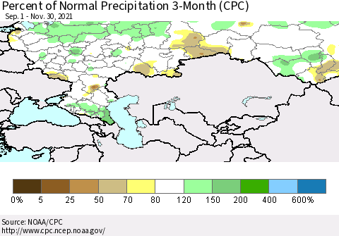 Russian Federation Percent of Normal Precipitation 3-Month (CPC) Thematic Map For 9/1/2021 - 11/30/2021
