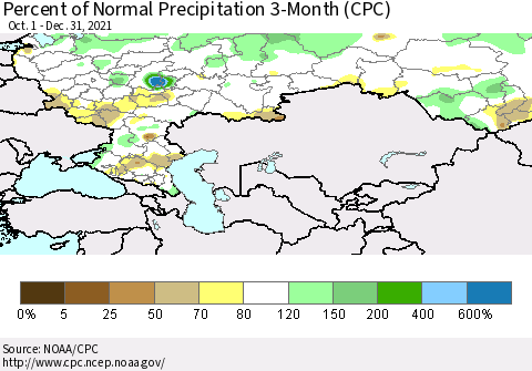 Russian Federation Percent of Normal Precipitation 3-Month (CPC) Thematic Map For 10/1/2021 - 12/31/2021