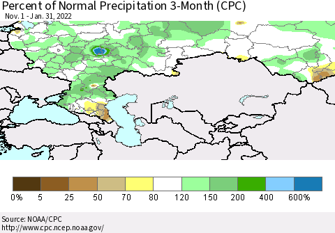 Russian Federation Percent of Normal Precipitation 3-Month (CPC) Thematic Map For 11/1/2021 - 1/31/2022