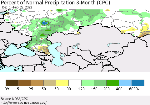 Russian Federation Percent of Normal Precipitation 3-Month (CPC) Thematic Map For 12/1/2021 - 2/28/2022