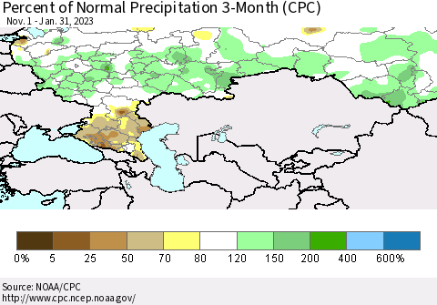 Russian Federation Percent of Normal Precipitation 3-Month (CPC) Thematic Map For 11/1/2022 - 1/31/2023