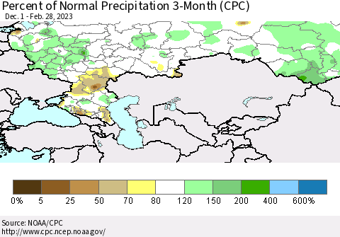 Russian Federation Percent of Normal Precipitation 3-Month (CPC) Thematic Map For 12/1/2022 - 2/28/2023