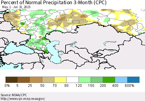 Russian Federation Percent of Normal Precipitation 3-Month (CPC) Thematic Map For 5/1/2023 - 7/31/2023