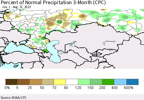 Russian Federation Percent of Normal Precipitation 3-Month (CPC) Thematic Map For 6/1/2023 - 8/31/2023