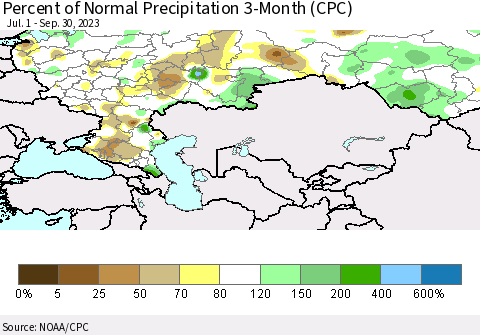 Russian Federation Percent of Normal Precipitation 3-Month (CPC) Thematic Map For 7/1/2023 - 9/30/2023