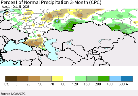 Russian Federation Percent of Normal Precipitation 3-Month (CPC) Thematic Map For 8/1/2023 - 10/31/2023