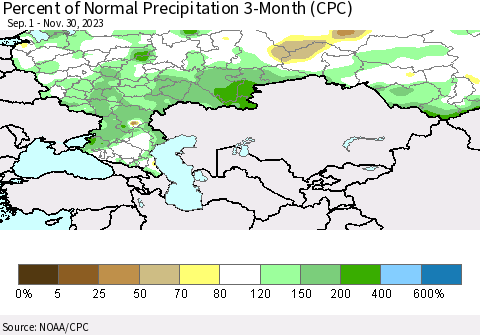 Russian Federation Percent of Normal Precipitation 3-Month (CPC) Thematic Map For 9/1/2023 - 11/30/2023