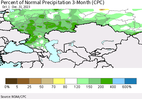 Russian Federation Percent of Normal Precipitation 3-Month (CPC) Thematic Map For 10/1/2023 - 12/31/2023