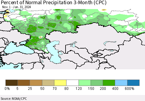 Russian Federation Percent of Normal Precipitation 3-Month (CPC) Thematic Map For 11/1/2023 - 1/31/2024