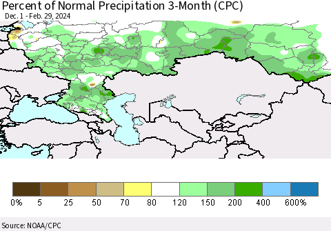 Russian Federation Percent of Normal Precipitation 3-Month (CPC) Thematic Map For 12/1/2023 - 2/29/2024