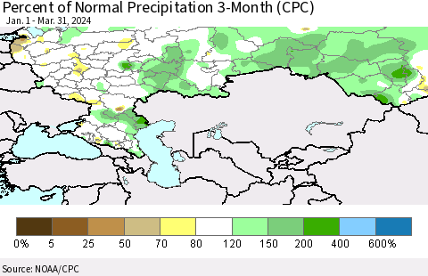Russian Federation Percent of Normal Precipitation 3-Month (CPC) Thematic Map For 1/1/2024 - 3/31/2024
