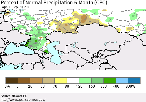 Russian Federation Percent of Normal Precipitation 6-Month (CPC) Thematic Map For 4/1/2021 - 9/30/2021
