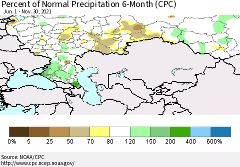 Russian Federation Percent of Normal Precipitation 6-Month (CPC) Thematic Map For 6/1/2021 - 11/30/2021