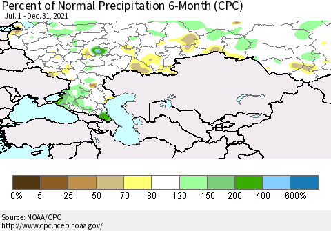 Russian Federation Percent of Normal Precipitation 6-Month (CPC) Thematic Map For 7/1/2021 - 12/31/2021