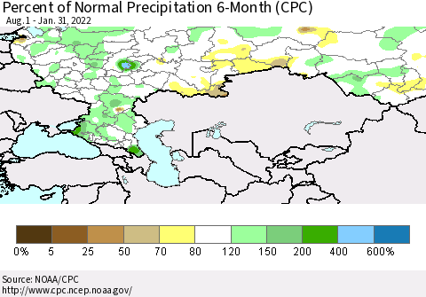 Russian Federation Percent of Normal Precipitation 6-Month (CPC) Thematic Map For 8/1/2021 - 1/31/2022
