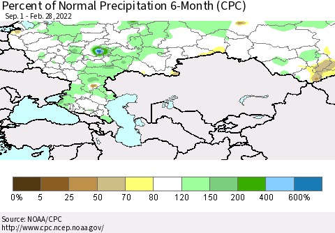 Russian Federation Percent of Normal Precipitation 6-Month (CPC) Thematic Map For 9/1/2021 - 2/28/2022