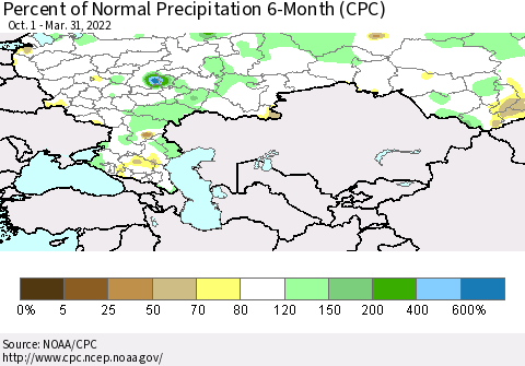 Russian Federation Percent of Normal Precipitation 6-Month (CPC) Thematic Map For 10/1/2021 - 3/31/2022