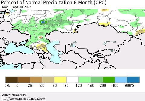 Russian Federation Percent of Normal Precipitation 6-Month (CPC) Thematic Map For 11/1/2021 - 4/30/2022