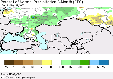 Russian Federation Percent of Normal Precipitation 6-Month (CPC) Thematic Map For 12/1/2021 - 5/31/2022