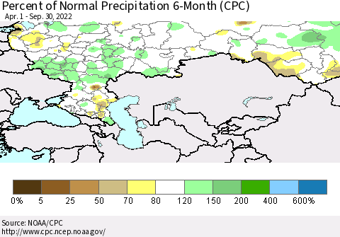 Russian Federation Percent of Normal Precipitation 6-Month (CPC) Thematic Map For 4/1/2022 - 9/30/2022