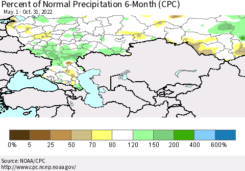 Russian Federation Percent of Normal Precipitation 6-Month (CPC) Thematic Map For 5/1/2022 - 10/31/2022