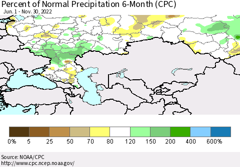Russian Federation Percent of Normal Precipitation 6-Month (CPC) Thematic Map For 6/1/2022 - 11/30/2022