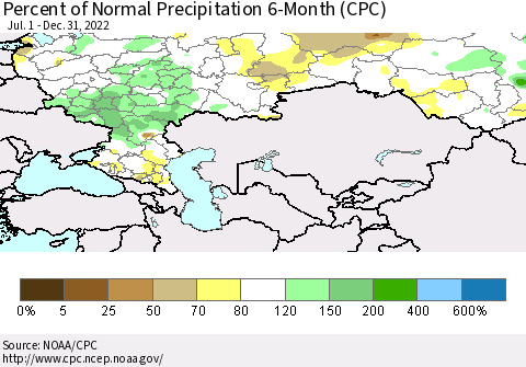 Russian Federation Percent of Normal Precipitation 6-Month (CPC) Thematic Map For 7/1/2022 - 12/31/2022