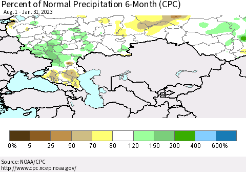 Russian Federation Percent of Normal Precipitation 6-Month (CPC) Thematic Map For 8/1/2022 - 1/31/2023