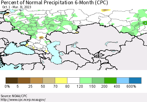 Russian Federation Percent of Normal Precipitation 6-Month (CPC) Thematic Map For 10/1/2022 - 3/31/2023