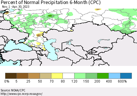 Russian Federation Percent of Normal Precipitation 6-Month (CPC) Thematic Map For 11/1/2022 - 4/30/2023
