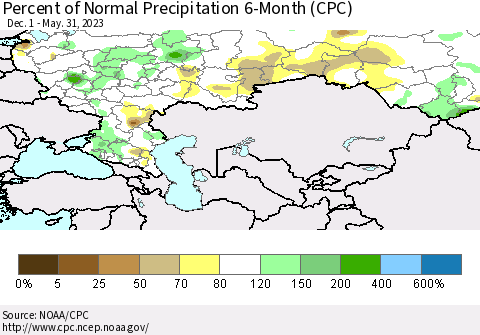 Russian Federation Percent of Normal Precipitation 6-Month (CPC) Thematic Map For 12/1/2022 - 5/31/2023