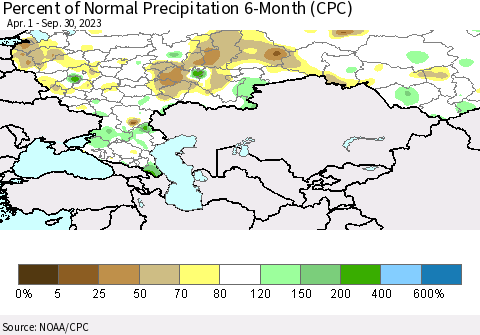 Russian Federation Percent of Normal Precipitation 6-Month (CPC) Thematic Map For 4/1/2023 - 9/30/2023