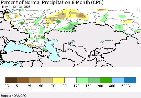 Russian Federation Percent of Normal Precipitation 6-Month (CPC) Thematic Map For 5/1/2023 - 10/31/2023