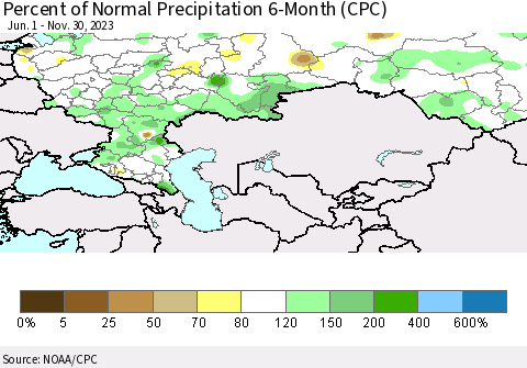 Russian Federation Percent of Normal Precipitation 6-Month (CPC) Thematic Map For 6/1/2023 - 11/30/2023