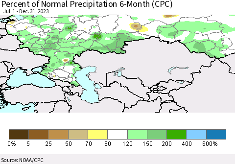 Russian Federation Percent of Normal Precipitation 6-Month (CPC) Thematic Map For 7/1/2023 - 12/31/2023