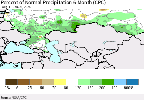 Russian Federation Percent of Normal Precipitation 6-Month (CPC) Thematic Map For 8/1/2023 - 1/31/2024