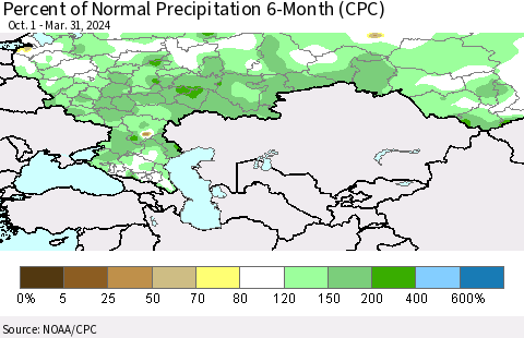 Russian Federation Percent of Normal Precipitation 6-Month (CPC) Thematic Map For 10/1/2023 - 3/31/2024