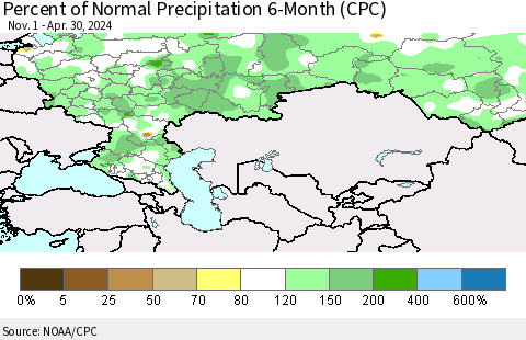 Russian Federation Percent of Normal Precipitation 6-Month (CPC) Thematic Map For 11/1/2023 - 4/30/2024
