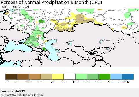 Russian Federation Percent of Normal Precipitation 9-Month (CPC) Thematic Map For 4/1/2021 - 12/31/2021