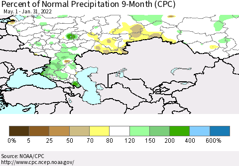 Russian Federation Percent of Normal Precipitation 9-Month (CPC) Thematic Map For 5/1/2021 - 1/31/2022