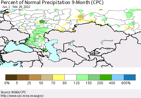 Russian Federation Percent of Normal Precipitation 9-Month (CPC) Thematic Map For 6/1/2021 - 2/28/2022