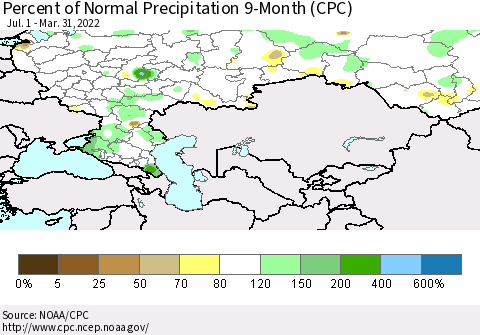 Russian Federation Percent of Normal Precipitation 9-Month (CPC) Thematic Map For 7/1/2021 - 3/31/2022