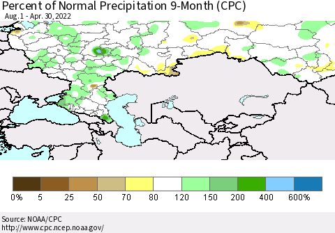 Russian Federation Percent of Normal Precipitation 9-Month (CPC) Thematic Map For 8/1/2021 - 4/30/2022