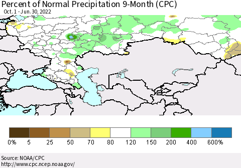 Russian Federation Percent of Normal Precipitation 9-Month (CPC) Thematic Map For 10/1/2021 - 6/30/2022