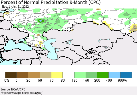 Russian Federation Percent of Normal Precipitation 9-Month (CPC) Thematic Map For 11/1/2021 - 7/31/2022