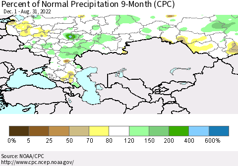 Russian Federation Percent of Normal Precipitation 9-Month (CPC) Thematic Map For 12/1/2021 - 8/31/2022