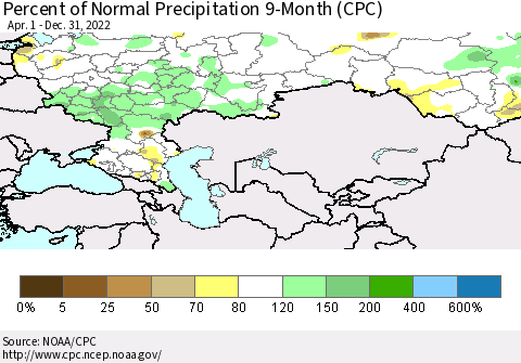 Russian Federation Percent of Normal Precipitation 9-Month (CPC) Thematic Map For 4/1/2022 - 12/31/2022