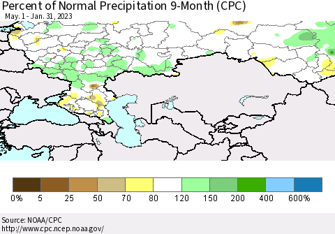 Russian Federation Percent of Normal Precipitation 9-Month (CPC) Thematic Map For 5/1/2022 - 1/31/2023