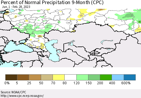 Russian Federation Percent of Normal Precipitation 9-Month (CPC) Thematic Map For 6/1/2022 - 2/28/2023